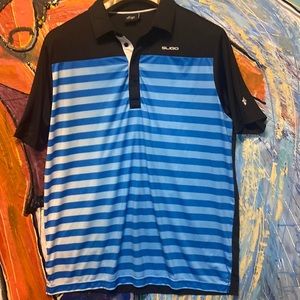 Sick Sligo XXL polo.  Black with white fade to light blue stripes